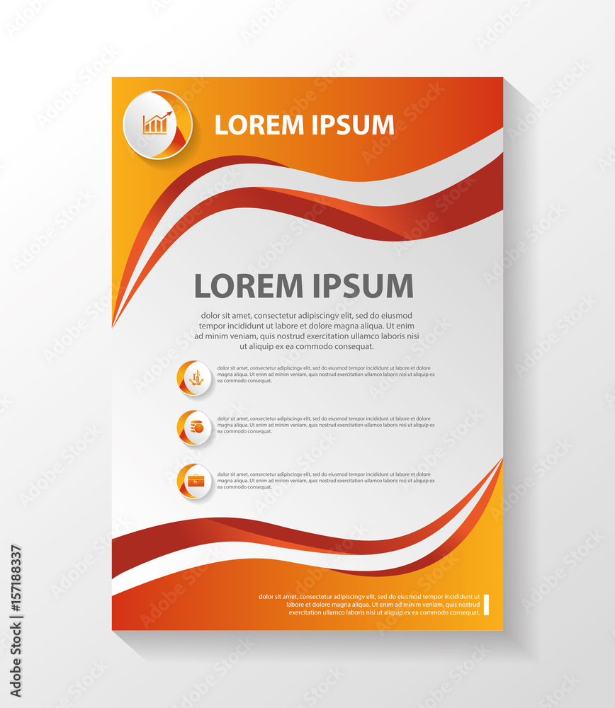 Business vector template is used for log, brochure, reports, title page, banner, book form, advertisement. Smooth orange lines with icons and text format A4. Bright Flyer Business vector template is used for log, brochure, reports, title page, banner, book form, advertisement. Smooth orange lines with icons and text format A4. Bright Flyer