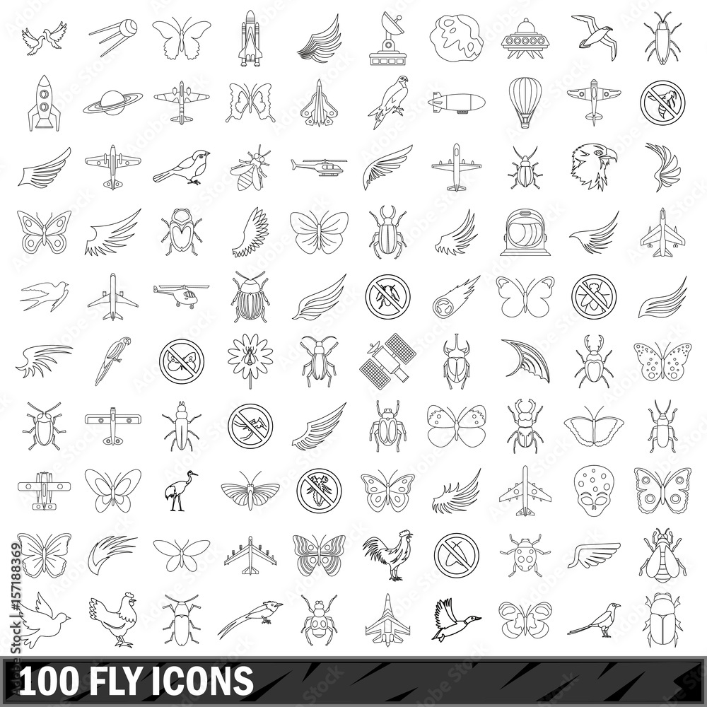 100 fly icons set, outline style