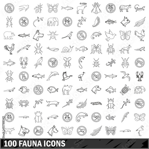 100 fauna icons set, outline style