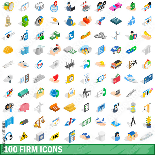 100 firm icons set, isometric 3d style