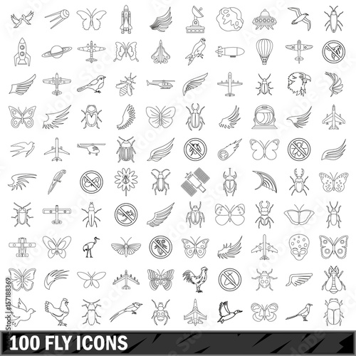 100 fly icons set  outline style