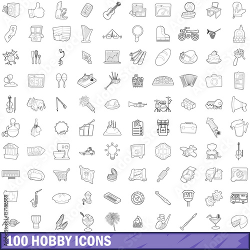 100 hobby icons set  outline style
