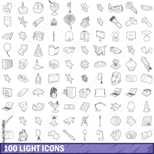 100 light icons set  outline style