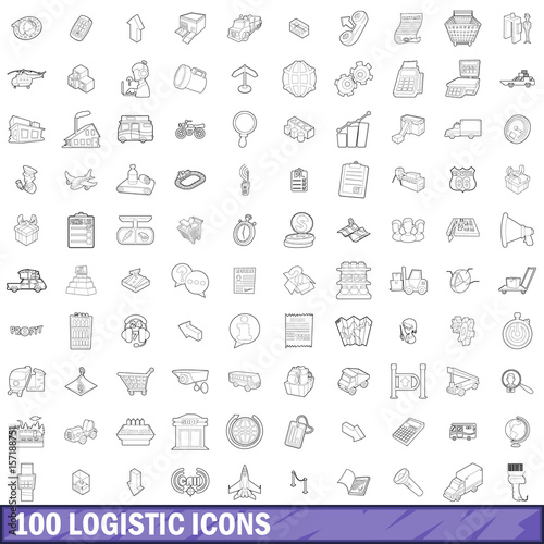 100 logistic icons set, outline style
