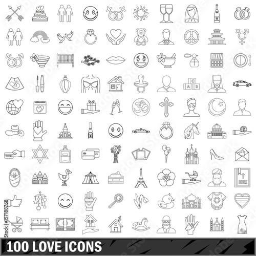 100 love icons set, outline style