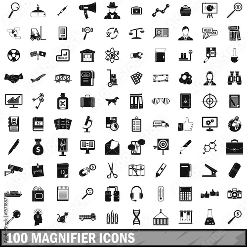 100 magnifier icons set, simple style 