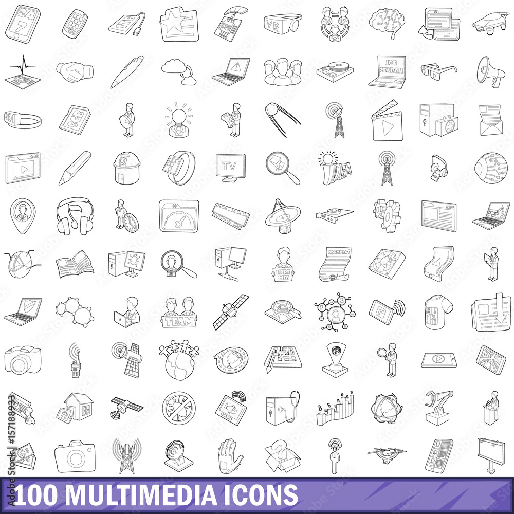 100 multimedia icons set, outline style 100 multimedia icons set, outline style