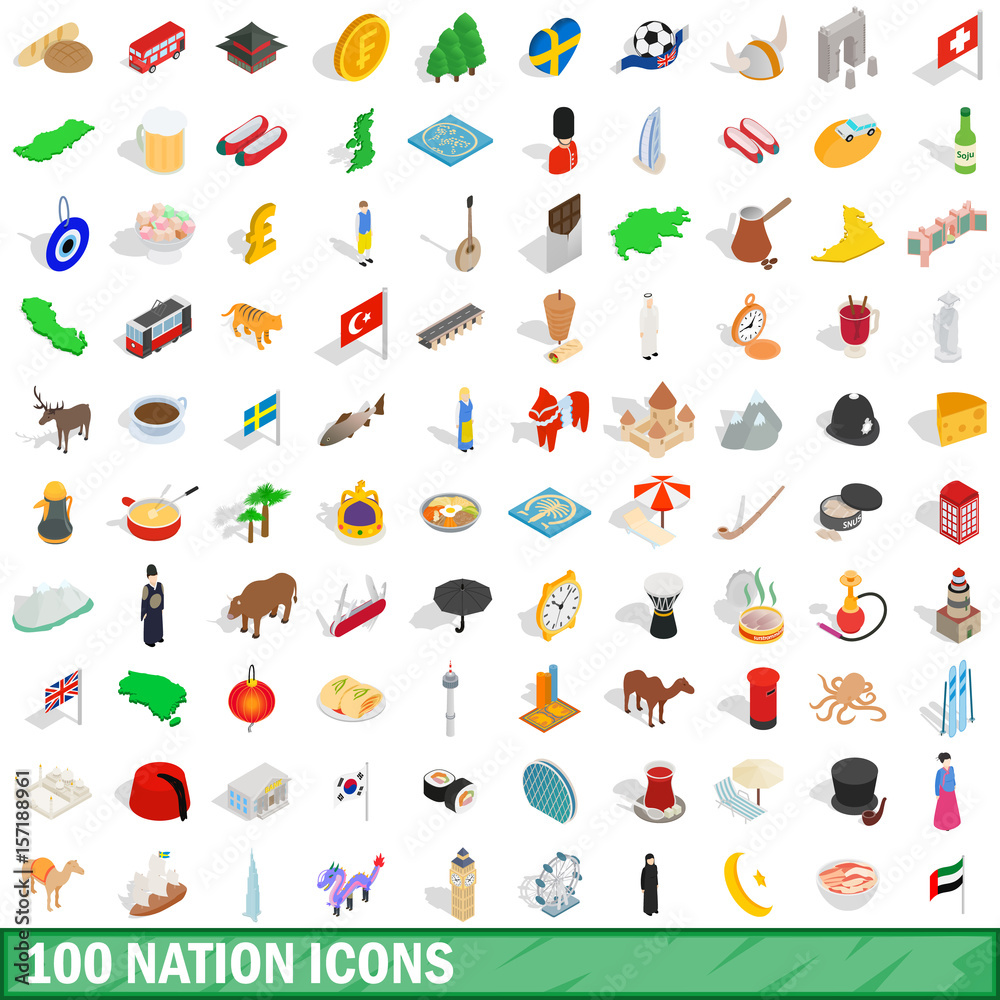 100 nation icons set, isometric 3d style
