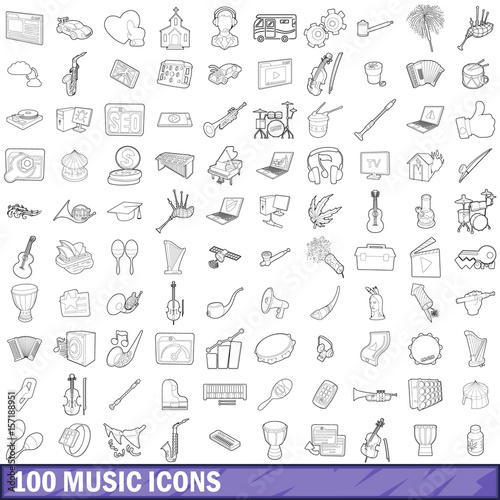 100 music icons set, outline style