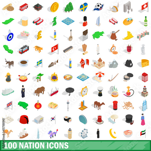 100 nation icons set  isometric 3d style