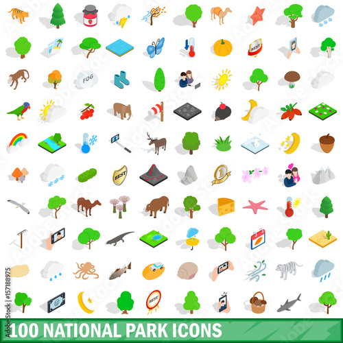 100 national park icons set, isometric 3d style