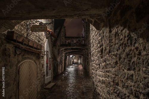 Medieval street at night. Historical center of Tallinn, Estonia,