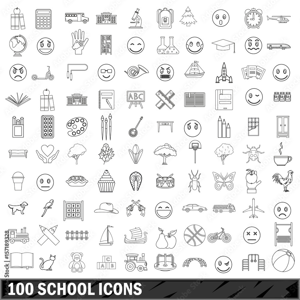 100 school icons set, outline style