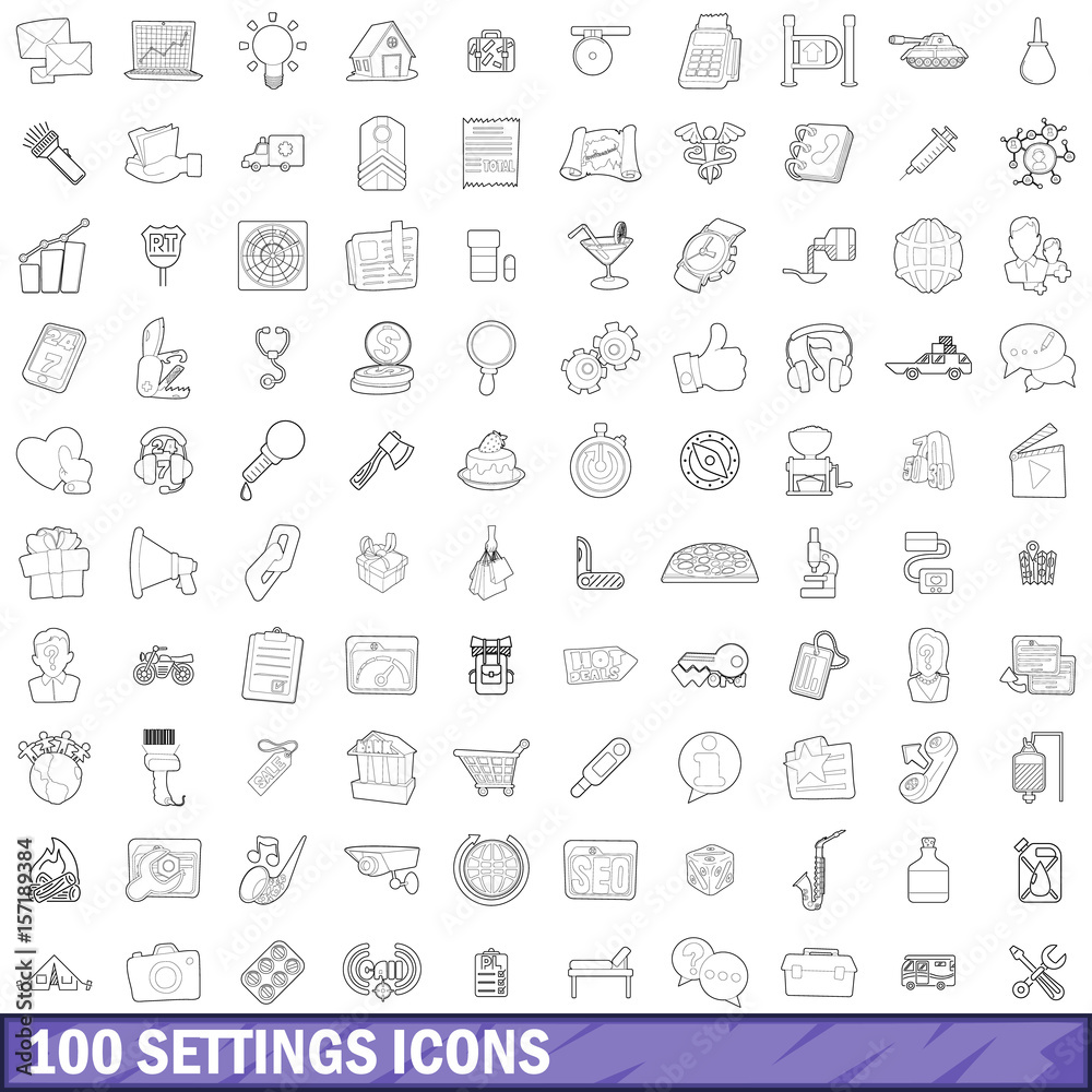 100 settings icons set, outline style 100 settings icons set, outline style
