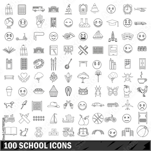 100 school icons set, outline style