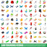 100 touring icons set, isometric 3d style