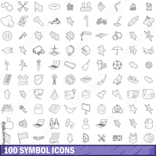 100 symbol icons set, outline style photo