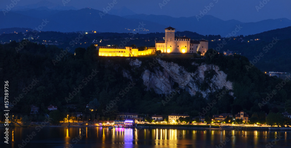 lake maggiore night aerial view of the Rocca di Angera castle