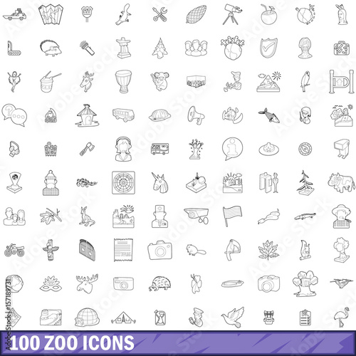100 zoo icons set, outline style