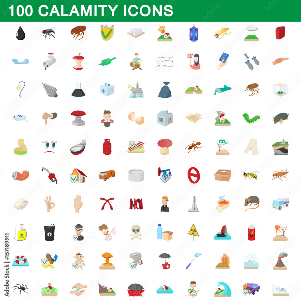 100 calamity icons set, cartoon style 100 calamity icons set, cartoon style