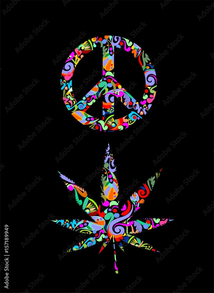 T-shirt prints with peace symbol and marijuana leaf with abstract colorful  pattern isolated on black background Stock Vector | Adobe Stock