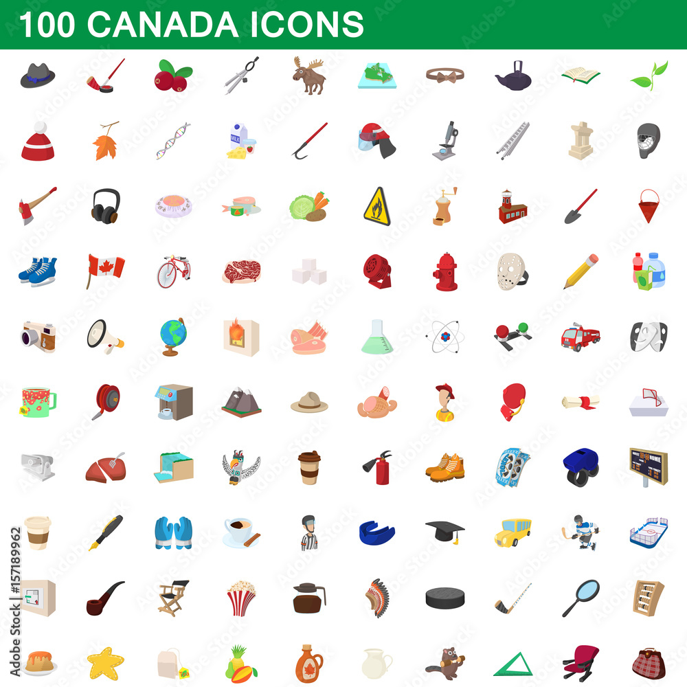 Naklejka premium 100 canada icons set, cartoon style