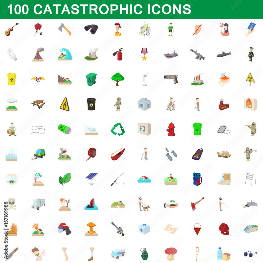 100 catastrophic icons set, cartoon style 100 catastrophic icons set, cartoon style