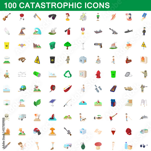 100 catastrophic icons set, cartoon style