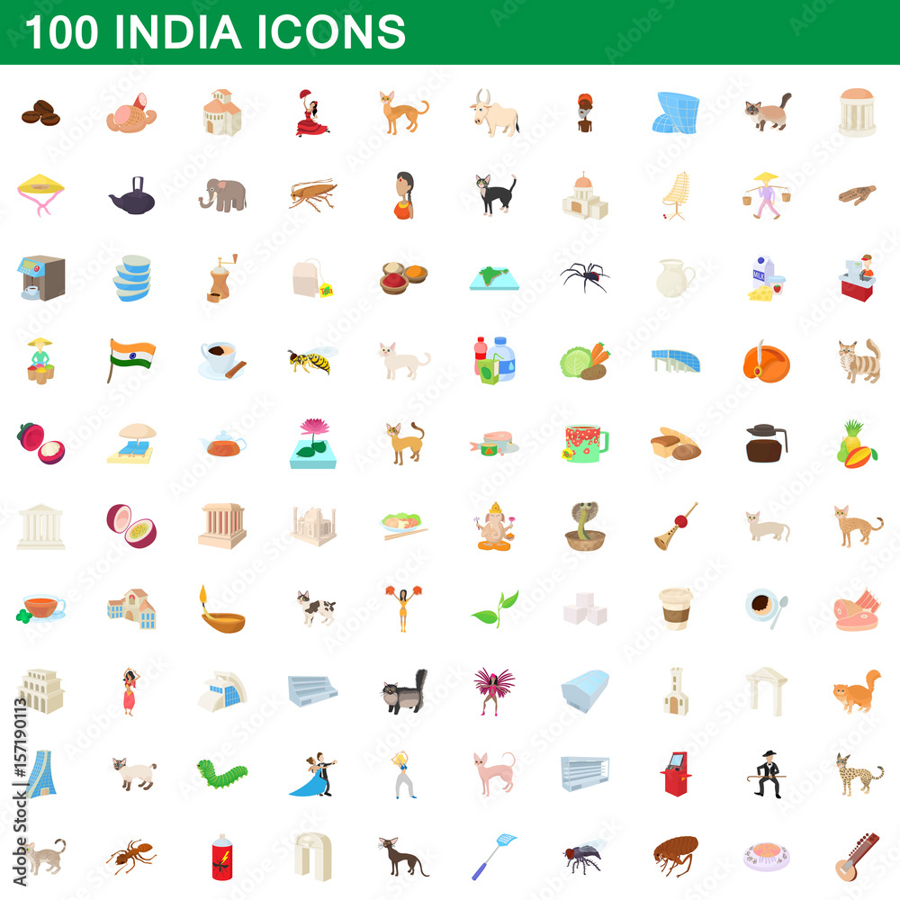 Fototapeta premium 100 india icons set, cartoon style