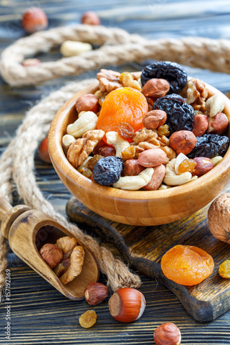 Bowl with a mixture of nuts and dried fruits.