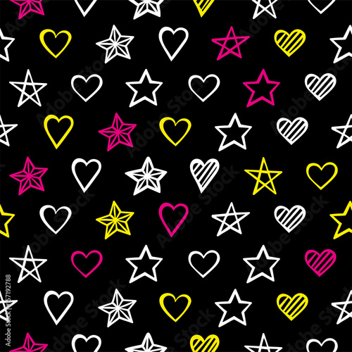 Hand drawn seamless pattern with hearts and stars