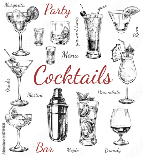 Set sketch cocktails and alcohol drinks hand drawn illustration
