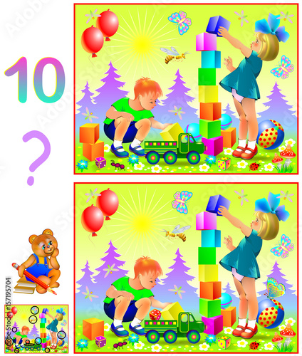 Logic puzzle game for young children. Need to find ten differences. Developing skills for counting. Vector cartoon image.