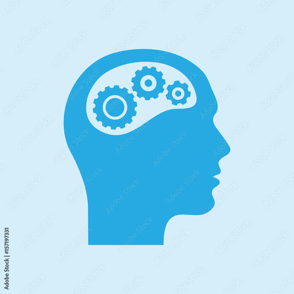 Thinking icon. Silhouette of gear in head. Flat design style. Thinking icon. Silhouette of gear in head. Flat design style.