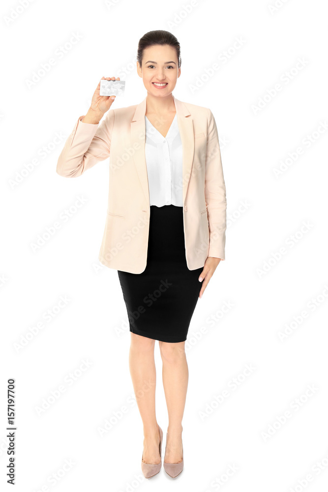 Beautiful young woman with business card on white background Beautiful young woman with business card on white background