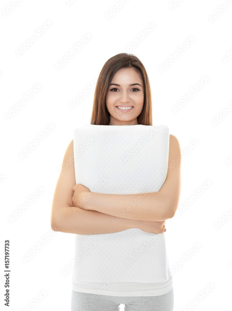 Young beautiful woman with orthopedic pillow on white background. Healthy posture concept Young beautiful woman with orthopedic pillow on white background. Healthy posture concept