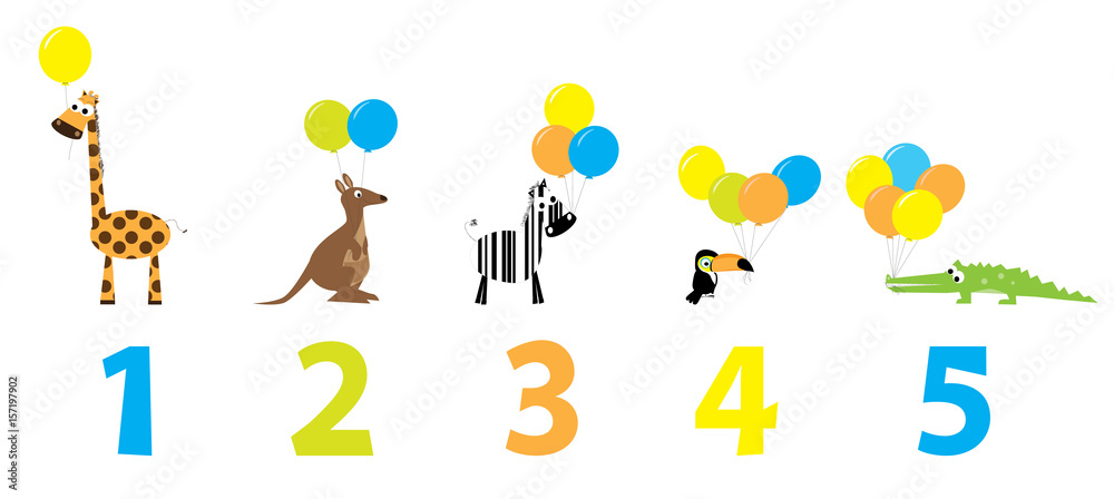 wild animals with balloons and numbers 1,2,3,4,5 wild animals with balloons and numbers 1,2,3,4,5