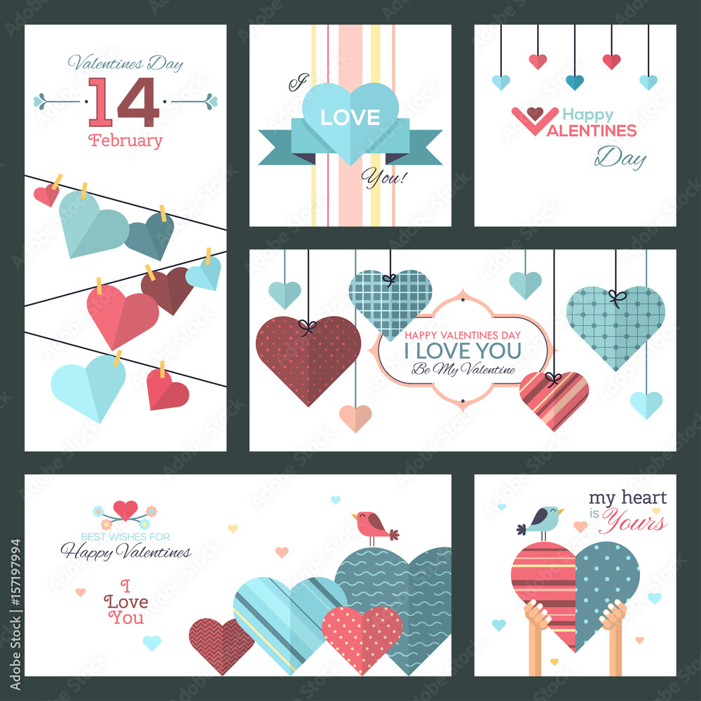 Set of flat design Happy Valentine Day greeting cards and banners