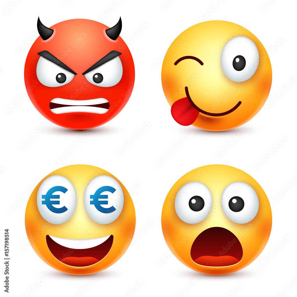 Smiley,smiling angry,sad,happy emoticon. Yellow face with emotions. Facial  expression. 3d realistic emoji. Funny cartoon . Web icon.  Vector illustration. Stock Vector | Adobe Stock