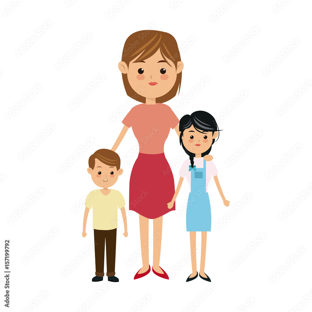 cartoon mother with two children, a boy and a girl vector illustration