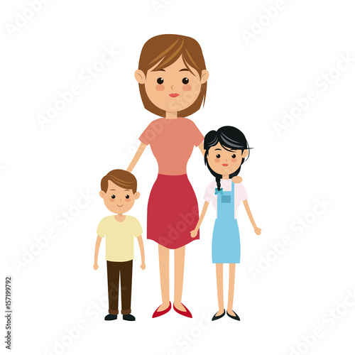 cartoon mother with two children, a boy and a girl vector illustration