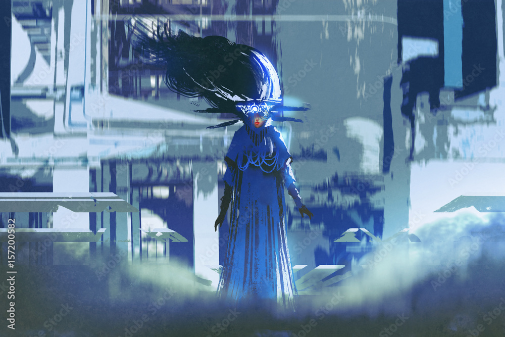 Obraz premium sci-fi character of woman in a blue dress standing in futuristic city with digital art style, illustration painting
