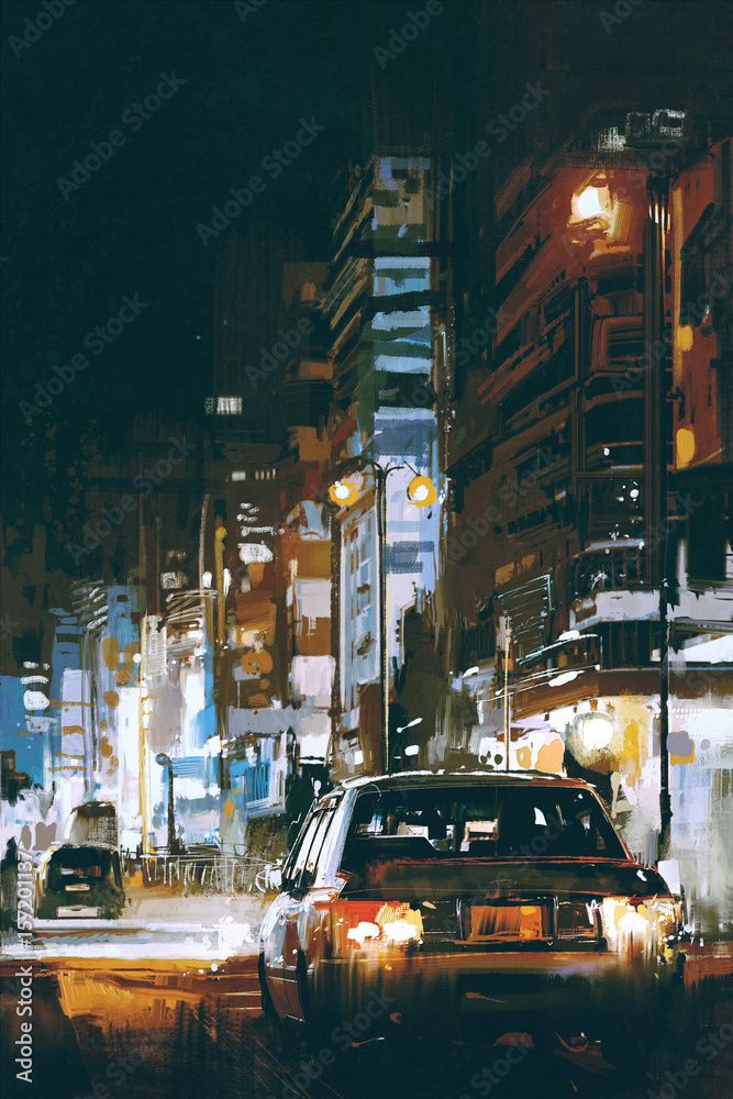 Fototapeta premium digital art of cars in city street at night with colorful lights, illustration painting