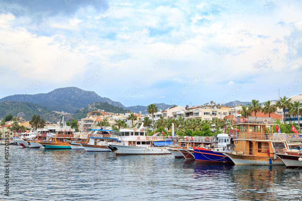 Marmaris center with seaport along boats in Marmaris, Turkey
