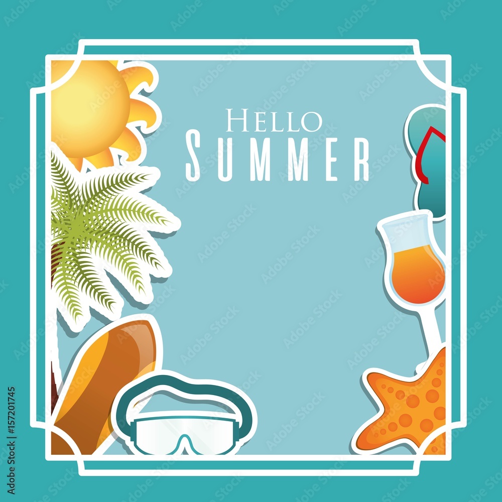 decorative frame with summer and vacations related icons over blue background. colorful design. vector illustration