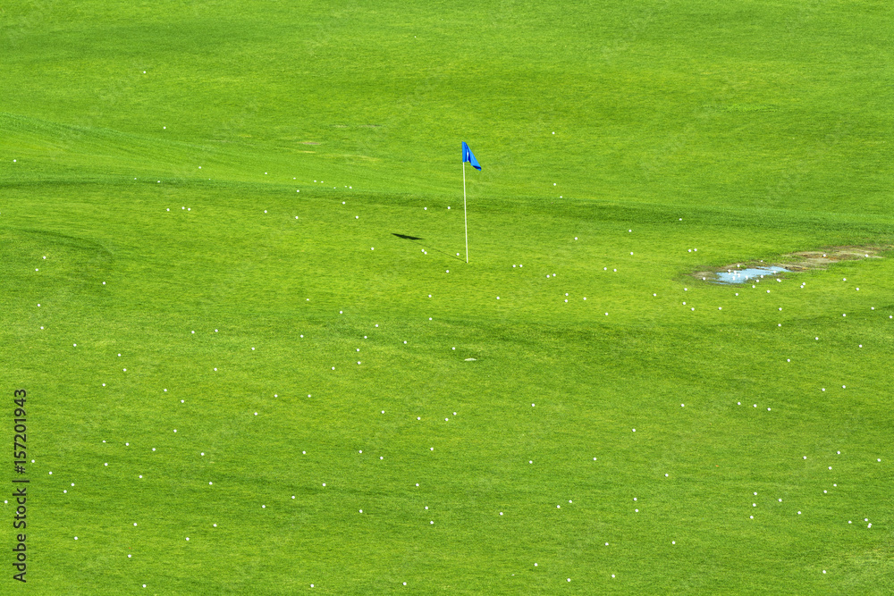 Obraz premium Vibrant golf course and target flag