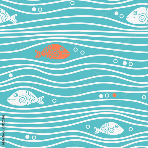 Seamless blue simple pattern with simple fishes and waves. Vector simple marine background.