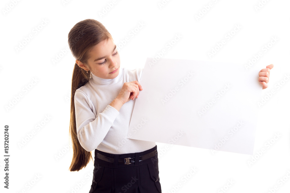 Little girl holding white banner Little girl holding white banner
