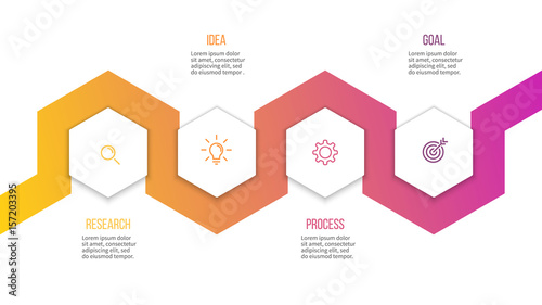 Business infographics. Presentation with 4 steps, hexagons. Vector template.