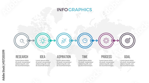 Business infographics. Timeline with 6 steps, options. Thin line vector template.